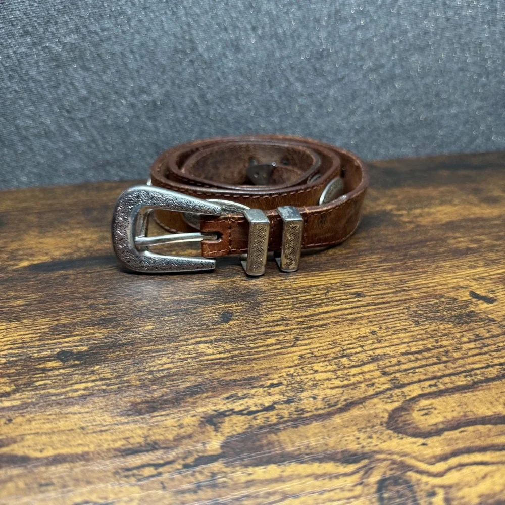 Vintage Western Leather Concho Belt Brown Silver Etched Buckle Boho Equestrian